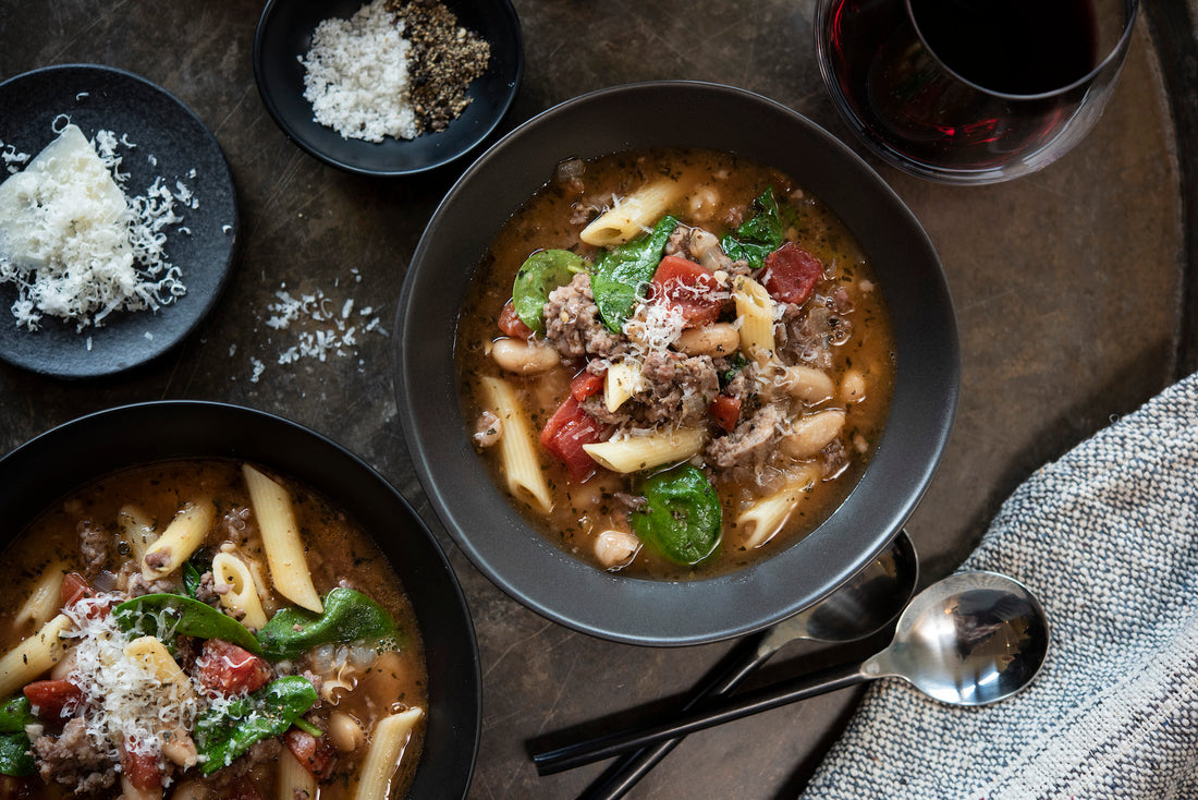 Penne and White Bean Soup with Italian Sausage and Fresh Spinach