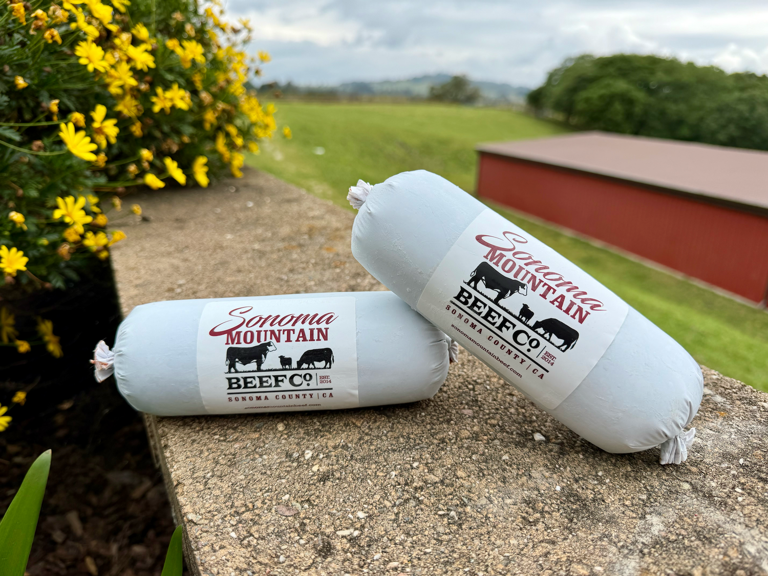 Two packages of Sonoma Mountain Beef Co. on a stone surface with a scenic background.